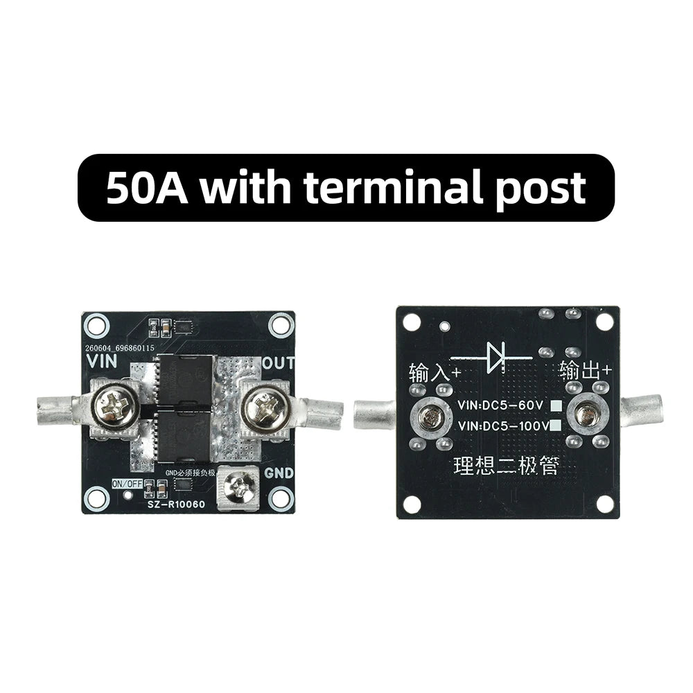 DC 5–100V 50A/60A Ideal Diode Module | Solar & Battery Protection