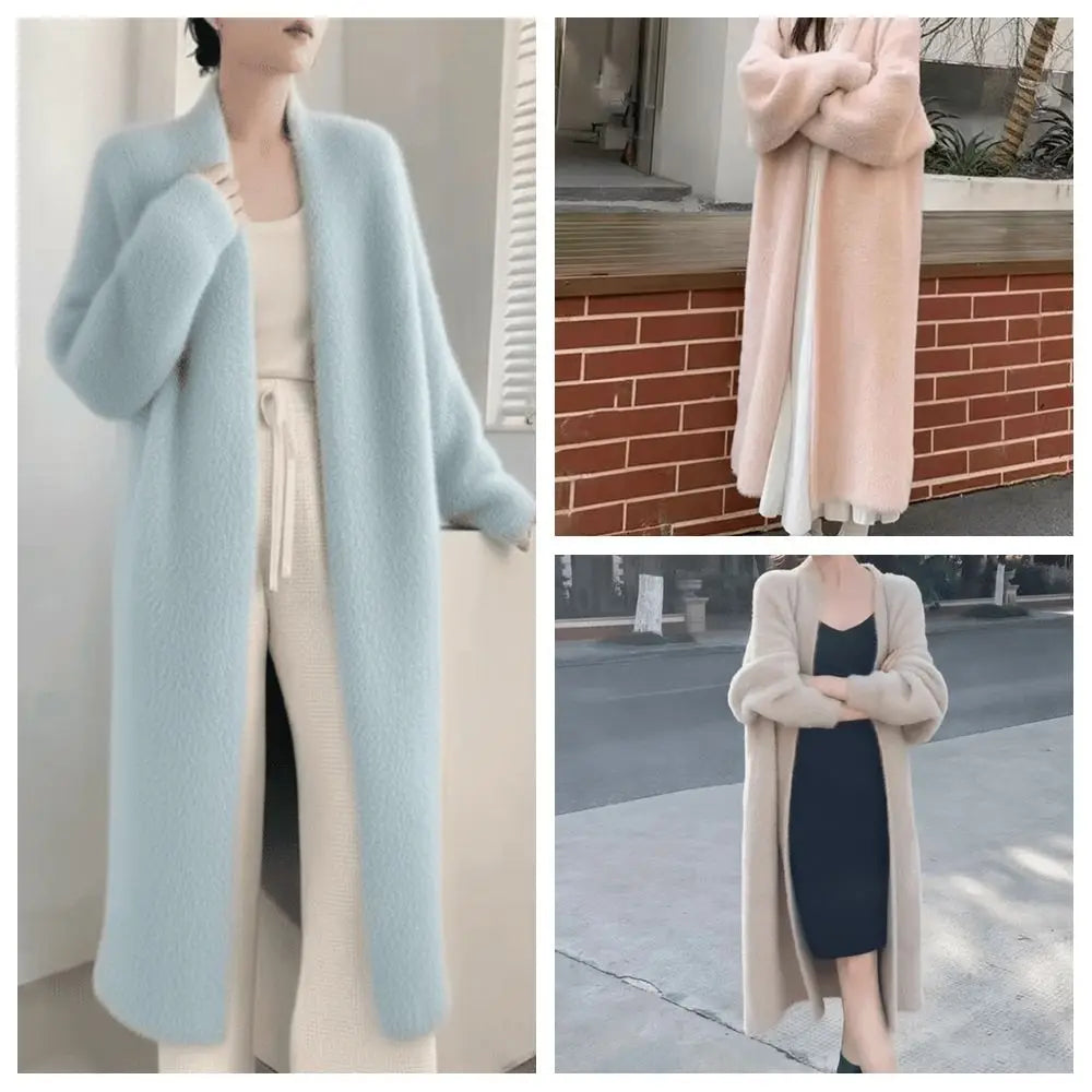Women's Long Fuzzy Open Front Cardigan – Cozy Knit Coat