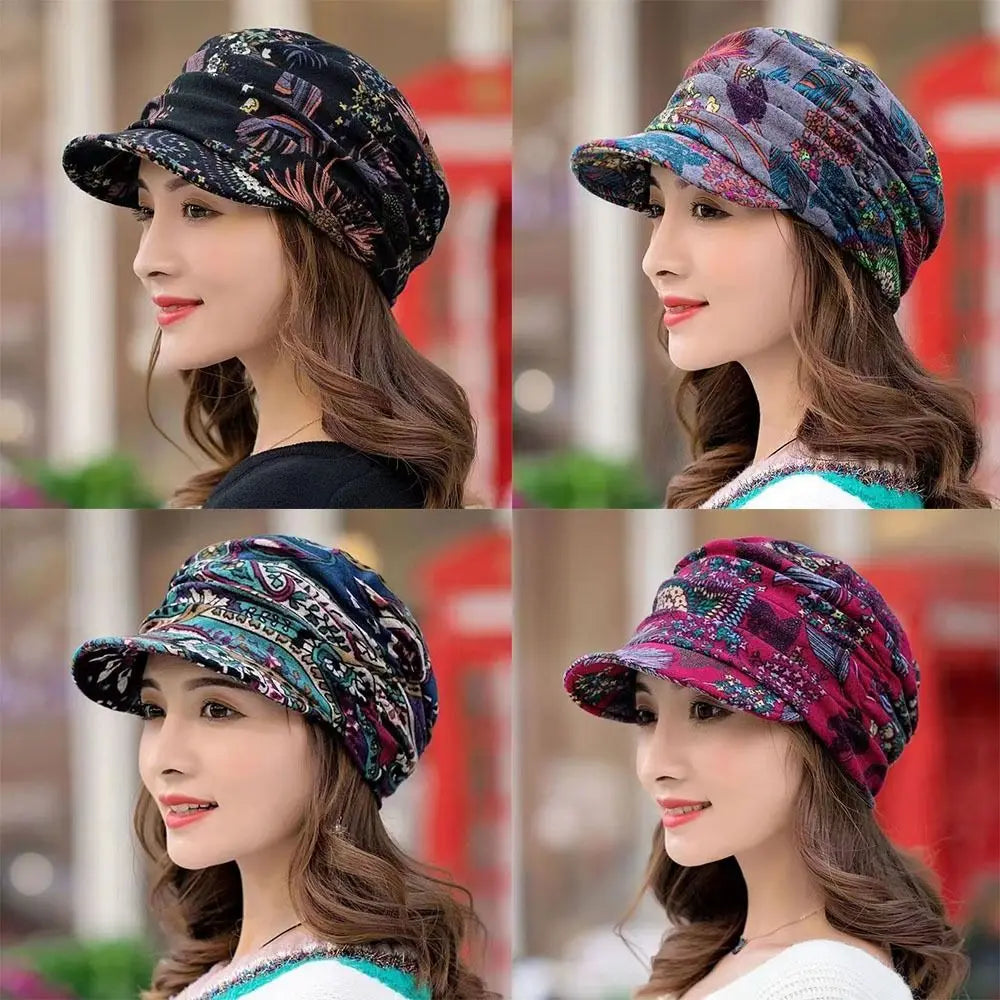 Women's Short Brim Floral Beanie Hat – Polyester Winter Cap