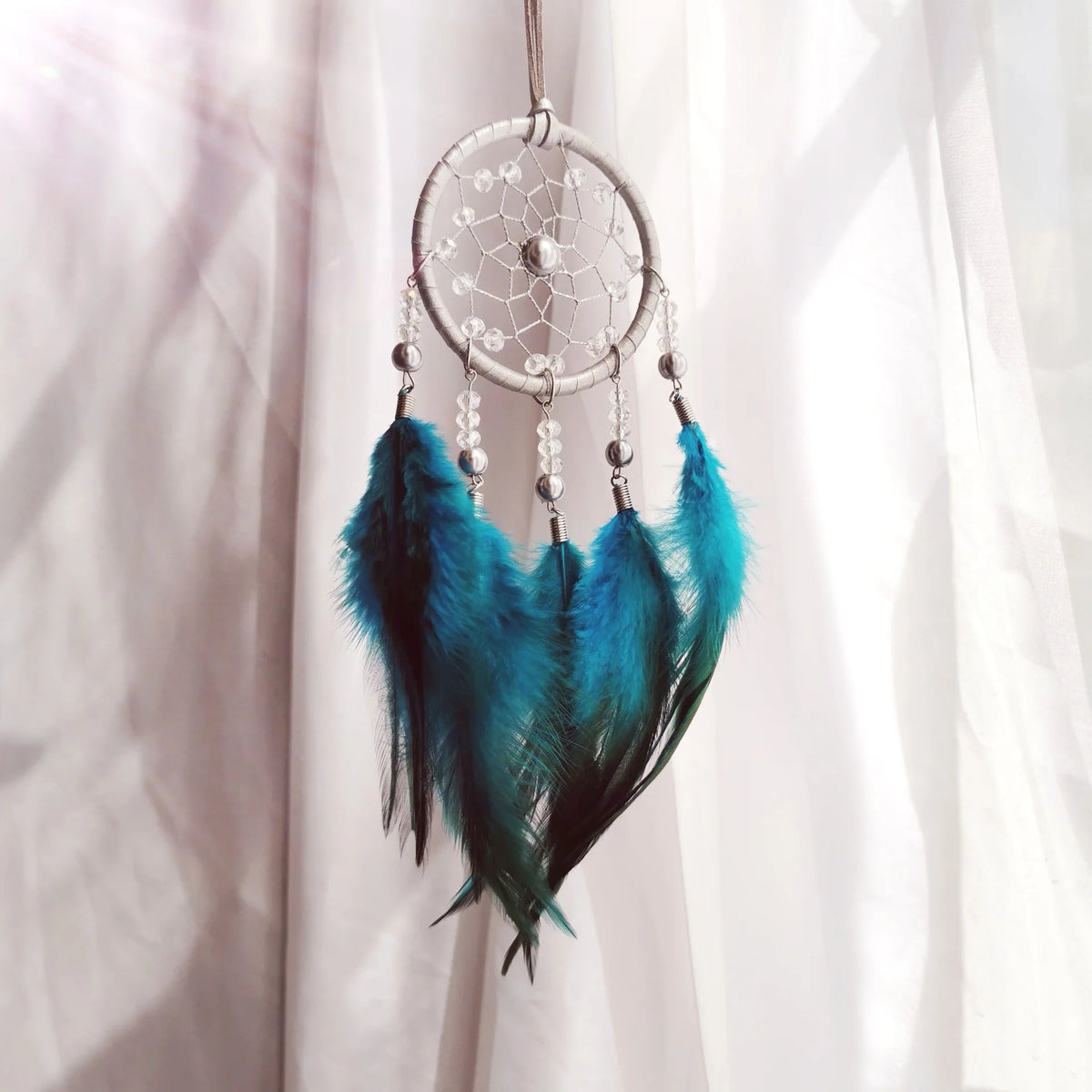 Boho Dream Catcher Ornament – Crystal Beads & Feathers Décor