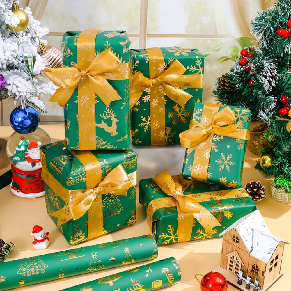 Gold Foil Christmas Wrapping Paper 50x70cm | Snowflake & Tree