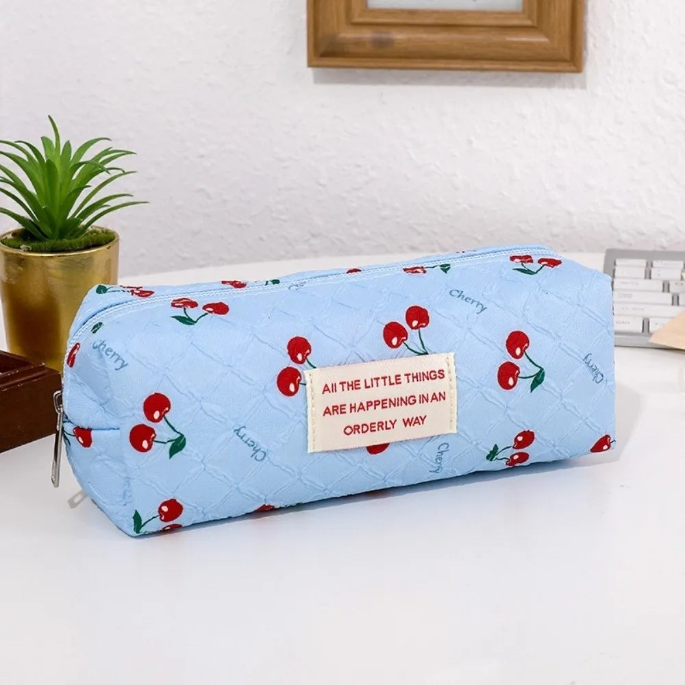 Korean Cherry Print Pencil Case – Large Capacity Quilted Pouch
