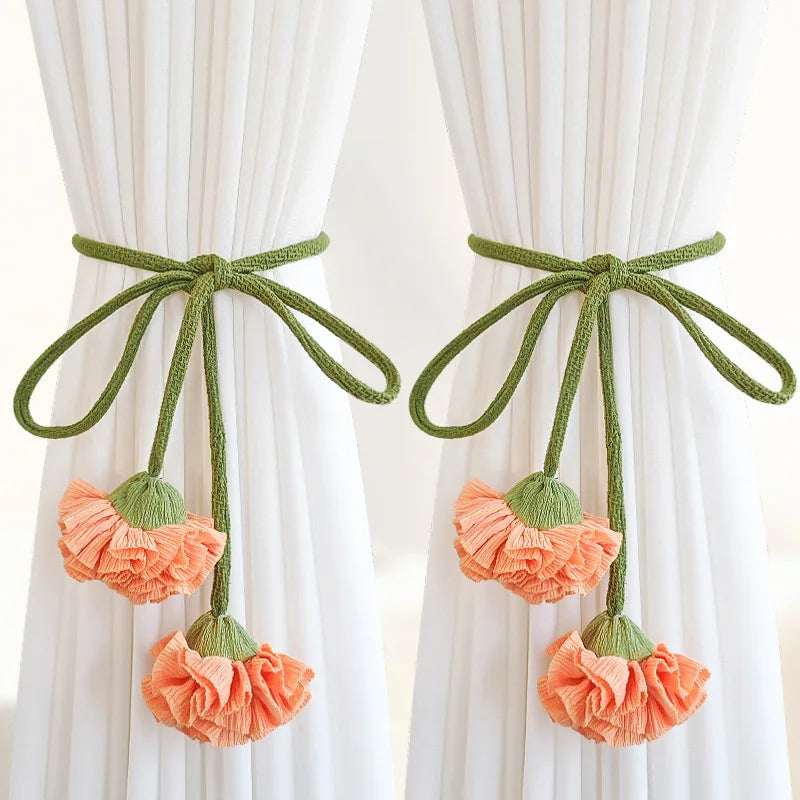 Flower Curtain Tiebacks with Tassels | Braided Rope Holdbacks