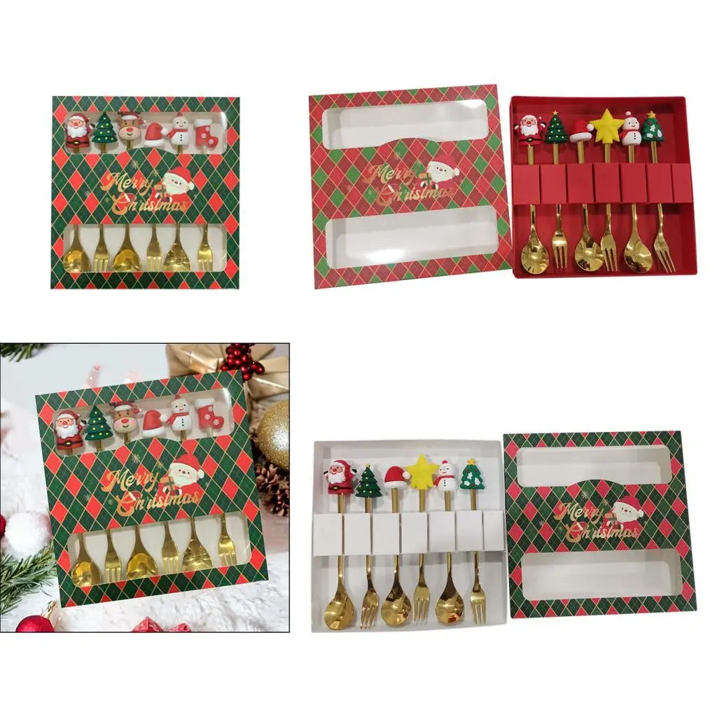 Christmas Stainless Steel Dessert Spoons & Forks Set – 6 Pc