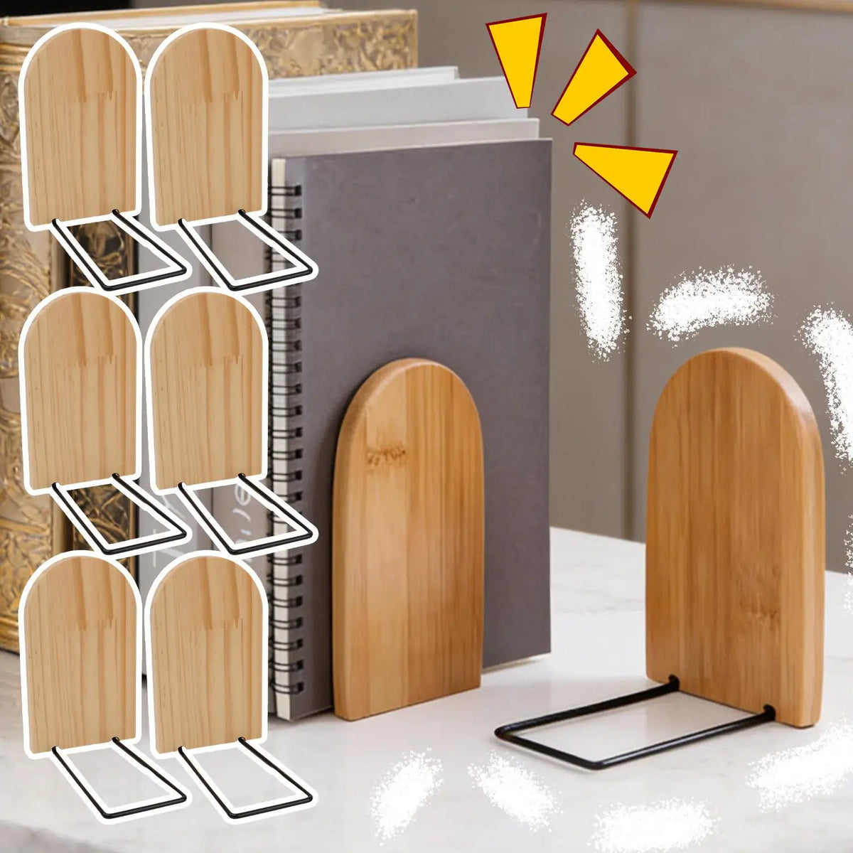Bamboo & Metal Bookends – Non-Slip Heavy-Duty Pair