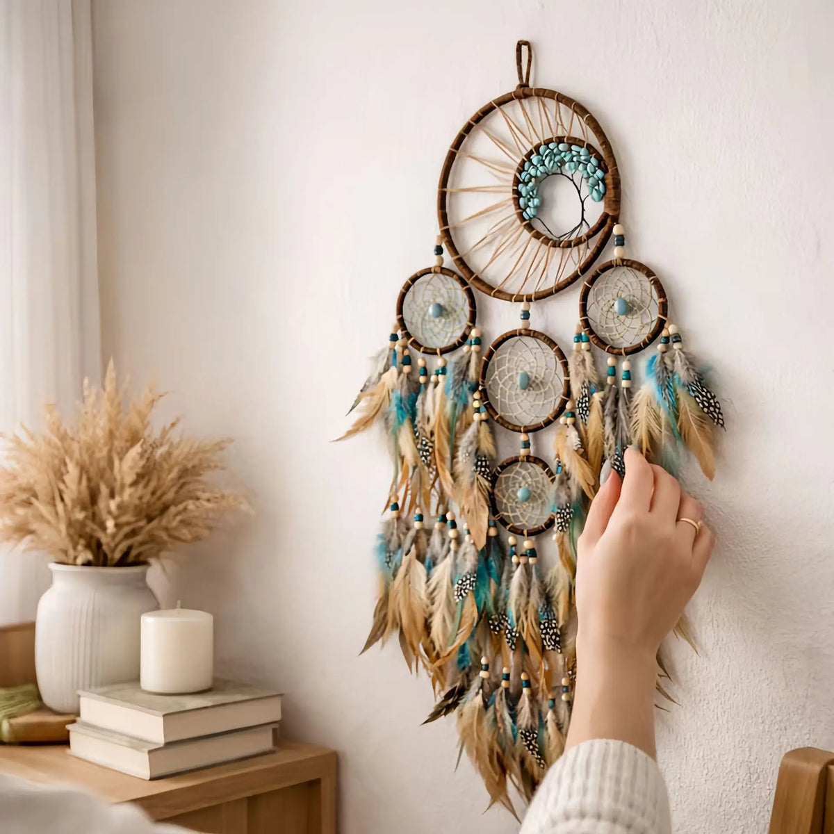 Turquoise Life Tree Dream Catcher – Feather Wall Décor Pendant