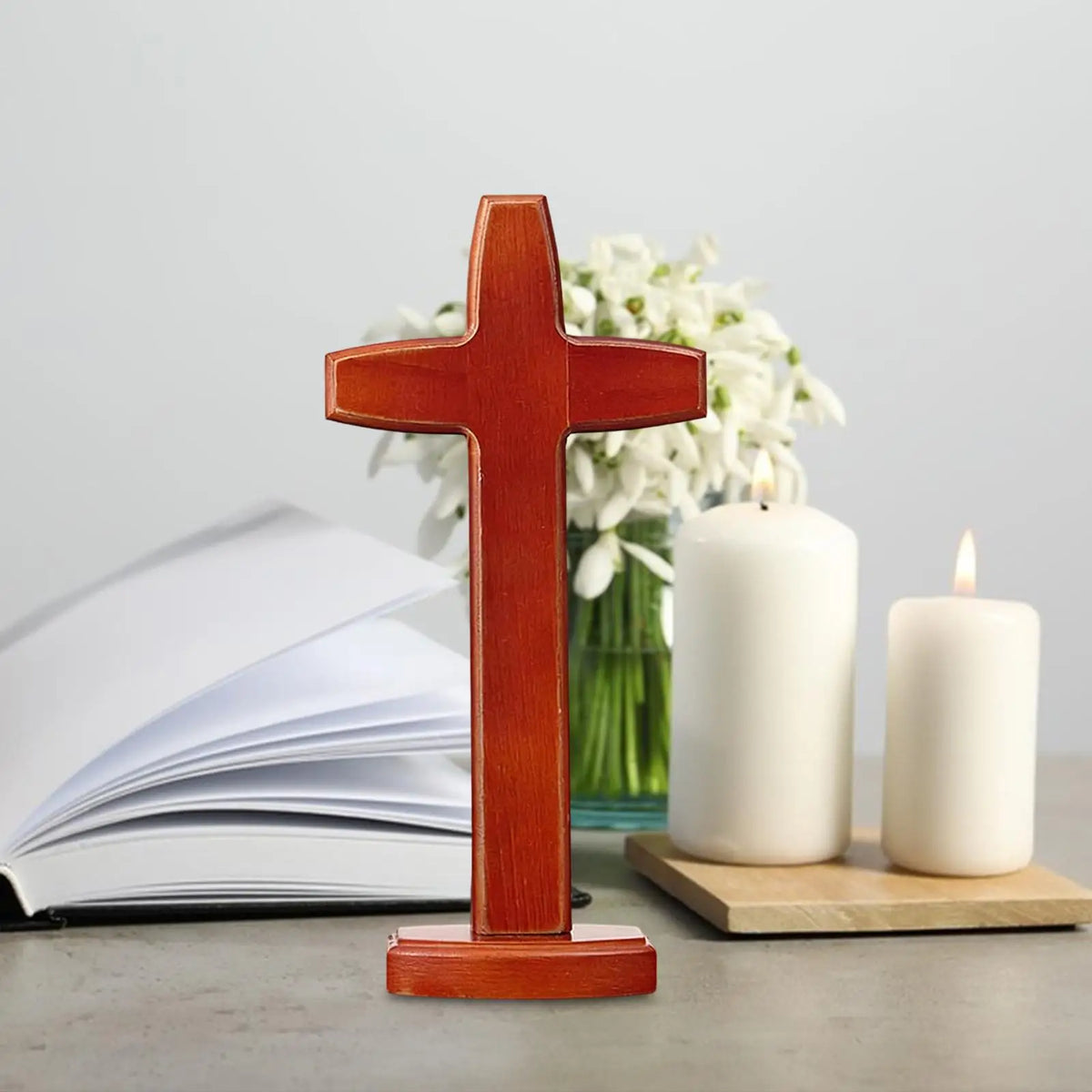 Wooden Standing Cross Sculpture | Religious Figurine Decor