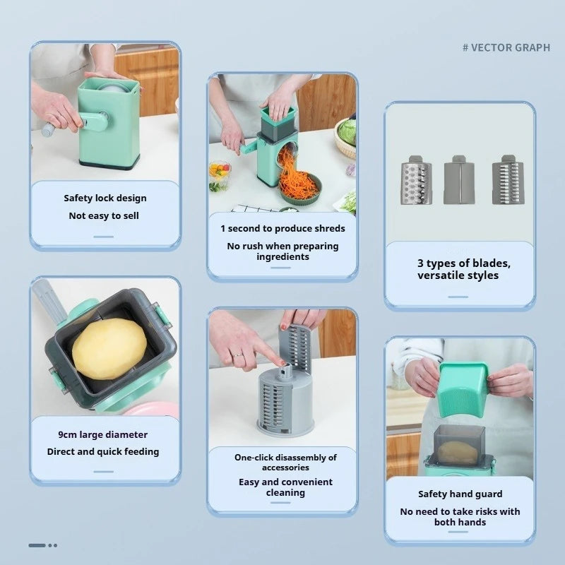 Hand Crank Vegetable Cutter – 3-Blade Slicer & Shredder