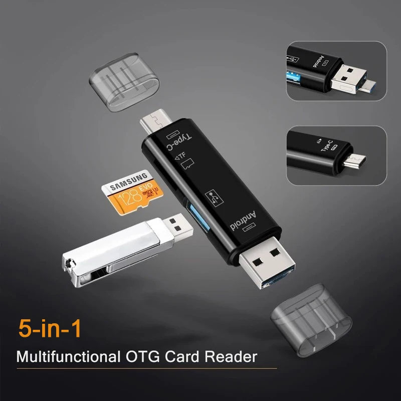 5-in-1 USB OTG Card Reader – Type-C, Micro USB, TF & SD