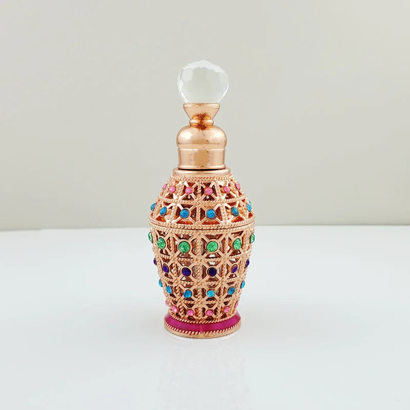 Vintage Arabic Attar Oil Bottle | Hollow Gem Metal Crystal Top