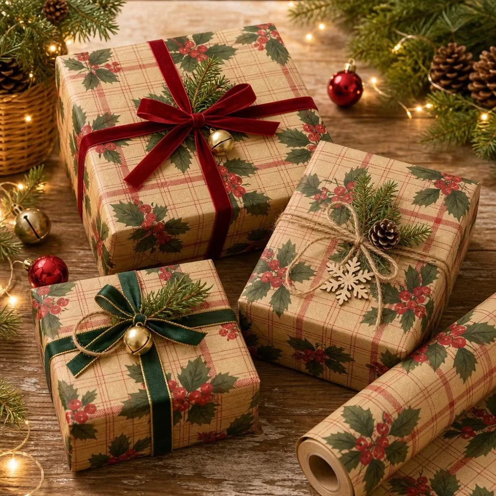 Christmas Wrapping Paper Roll 5M – 4 Festive Kraft Designs