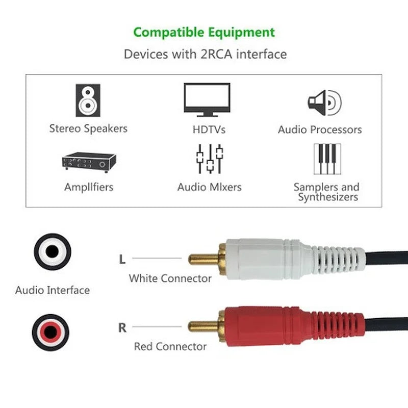 1M 3.5mm to 2 RCA Male Stereo Audio AUX Cable – 1 Metre