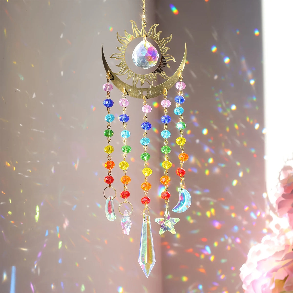Rainbow Sun & Moon Suncatcher – Crystal Prism Hanging Ornament