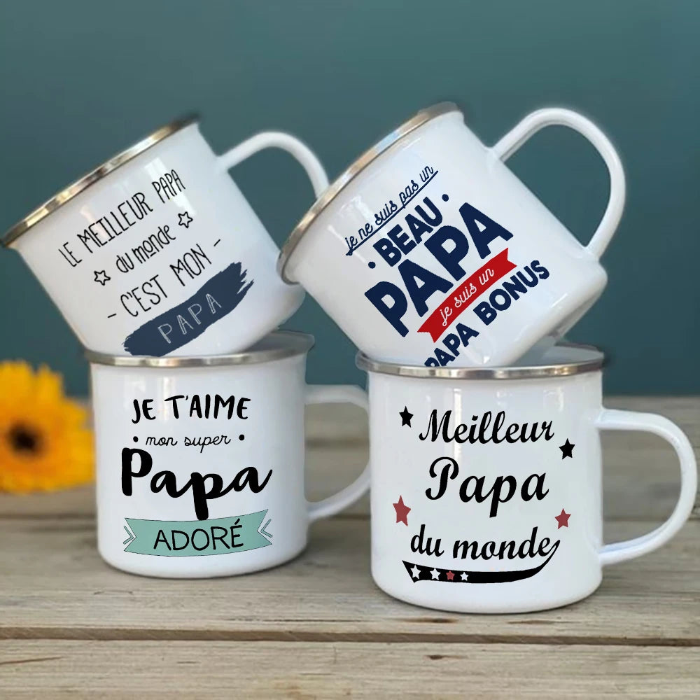 French Print Enamel Camping Mug – Gift for Dad & Mom