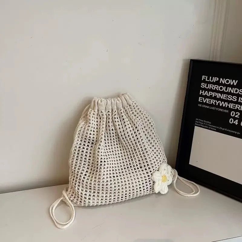 Women's Crochet Drawstring Backpack – Daisy Flower Knit Bag