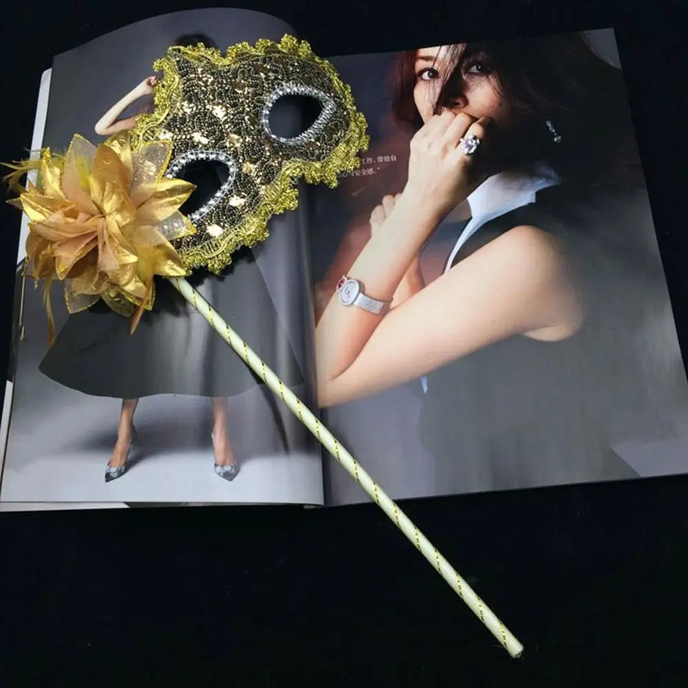 Handheld Feather Masquerade Mask – White Lace & Holding Stick