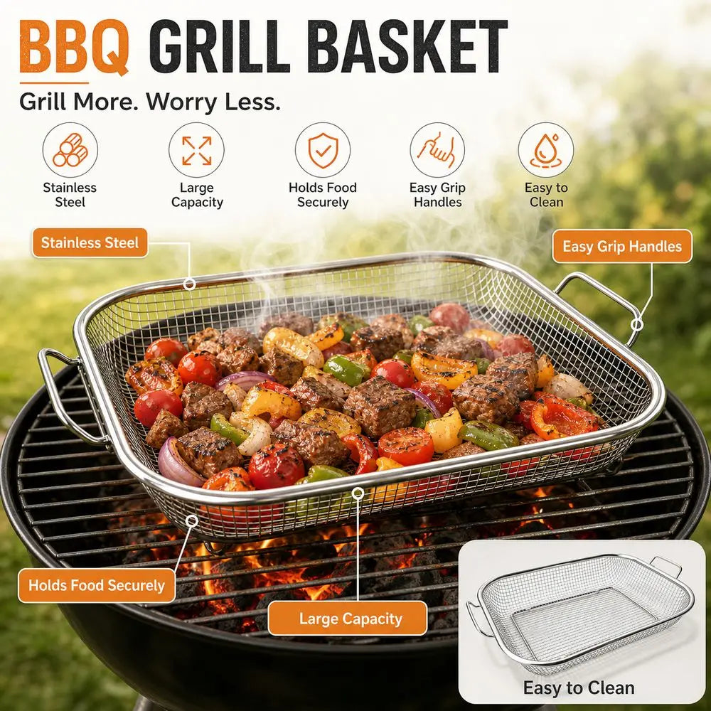 Stainless Steel BBQ Grill Basket | Fine Mesh, Built-In Handles