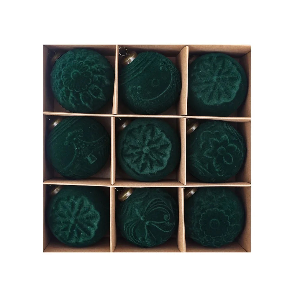 9-Piece Flocked Embossed Christmas Baubles Set – 8cm Ornaments