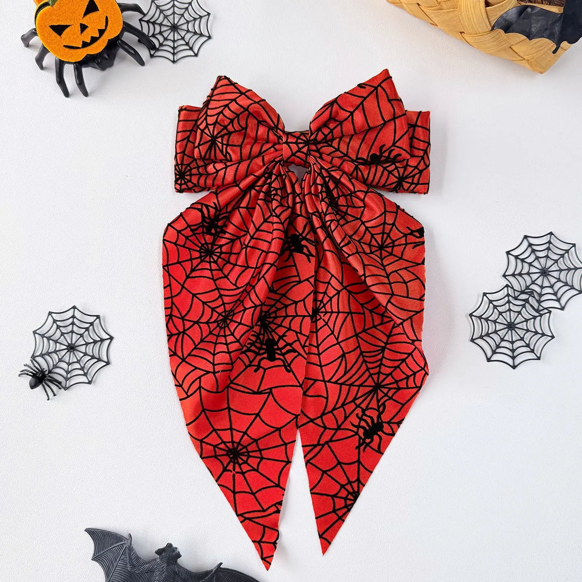 Halloween Satin Bow Hair Clip – Spider Web Pumpkin Barrette