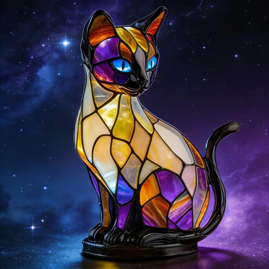 Stained Glass Cat LED Night Light | Resin Tabletop Lamp