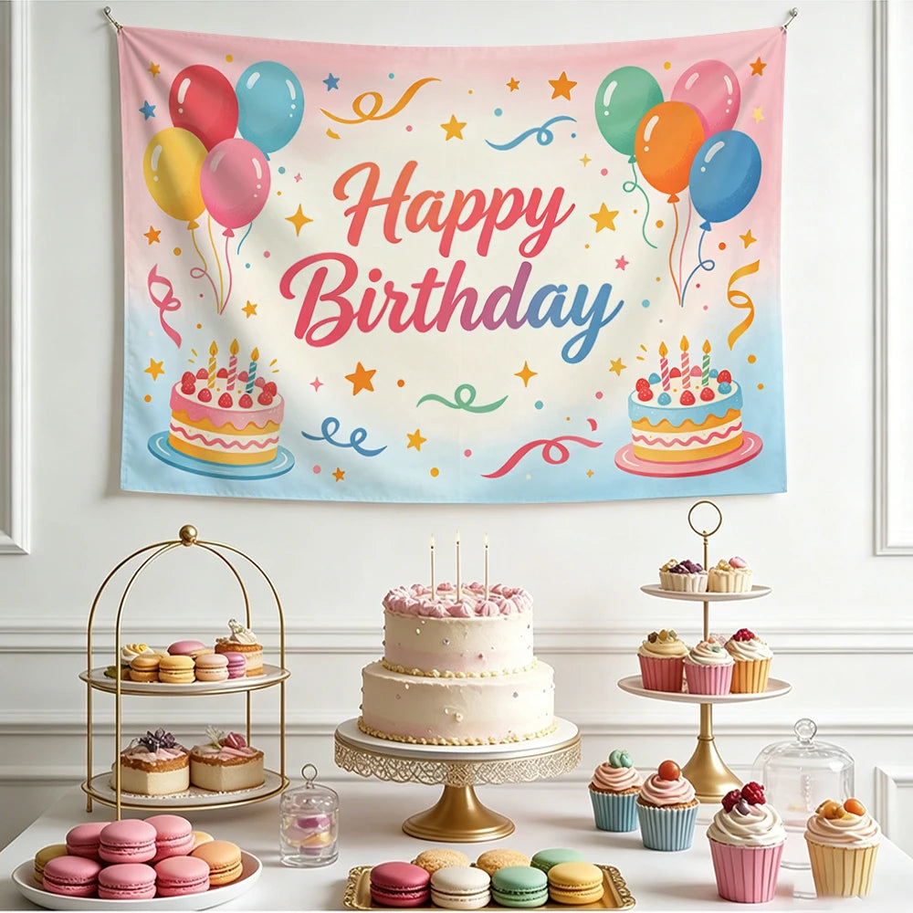 Happy Birthday Cherry Print Tapestry – Party Wall Hanging