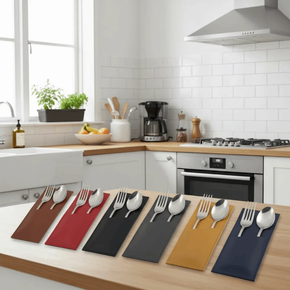 PU Leather Cutlery Pouch – Reusable Flatware Sleeve Holder