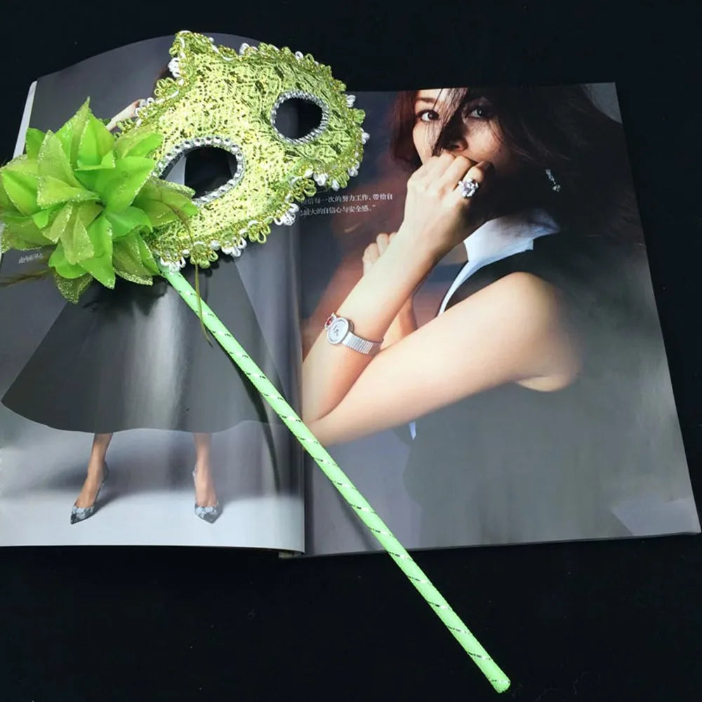 Handheld Feather Masquerade Mask – White Lace & Holding Stick