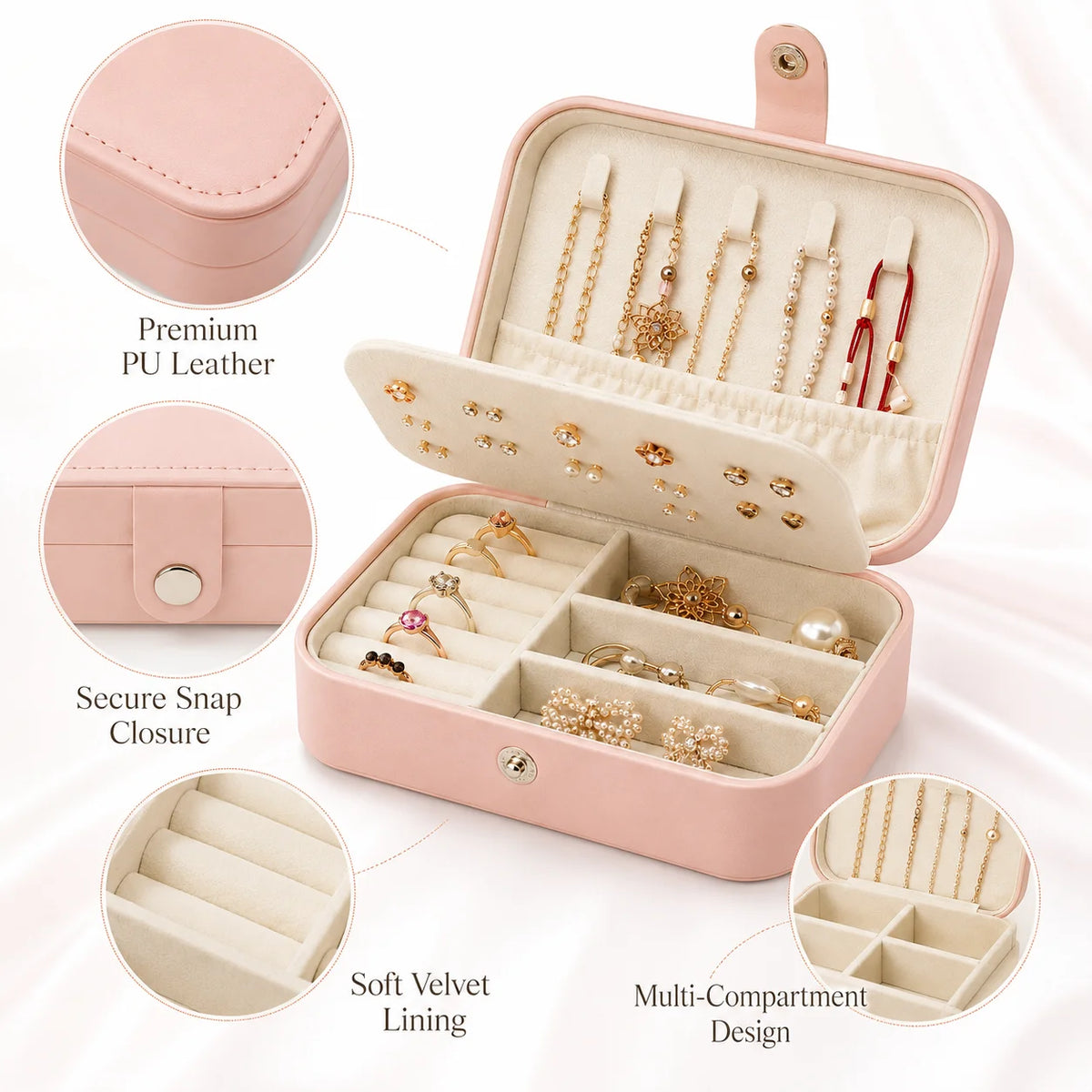 Mini PU Leather Travel Jewelry Box – Multi Compartment Organizer
