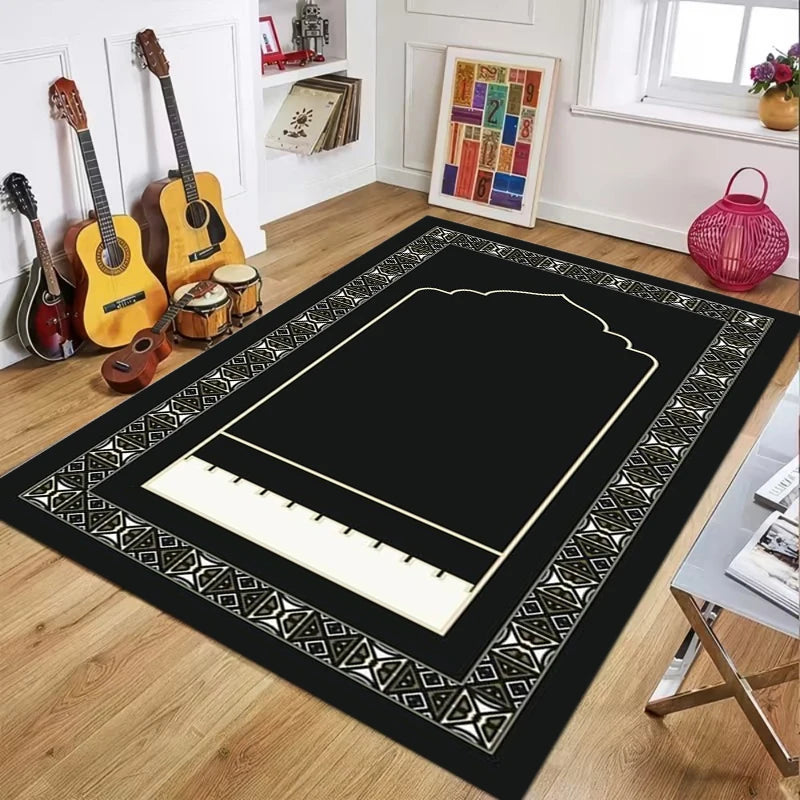 Islamic Prayer Mat – Black Gold Floral Non-Slip Worship Rug