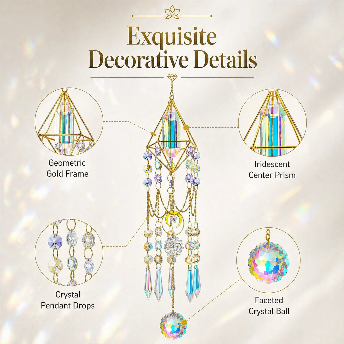 Crystal Prism Suncatcher – Gold Geometric Rainbow Window Decor