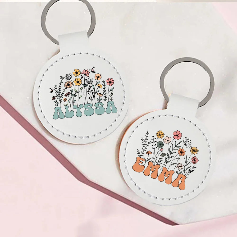 Personalized Flower Name Leather Keychain – Gift for Her