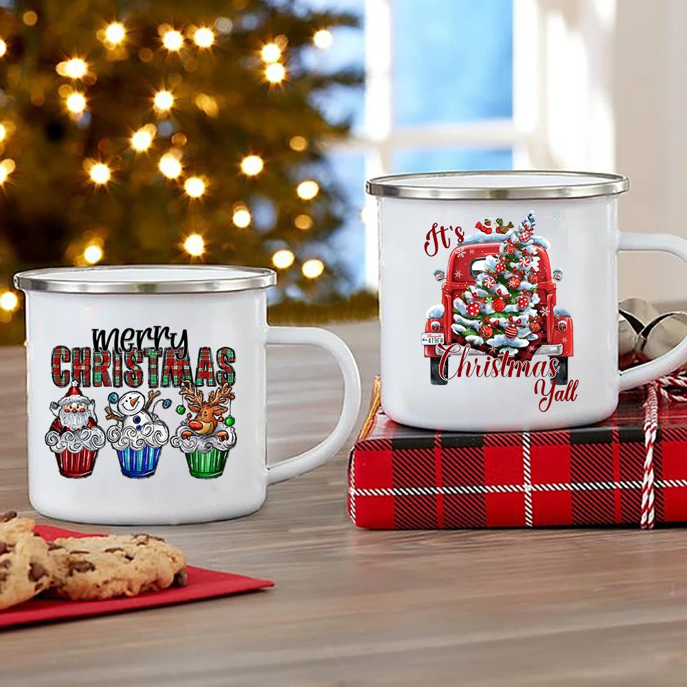 Santa Deer Truck Christmas Enamel Mug | Holiday Gift Cup