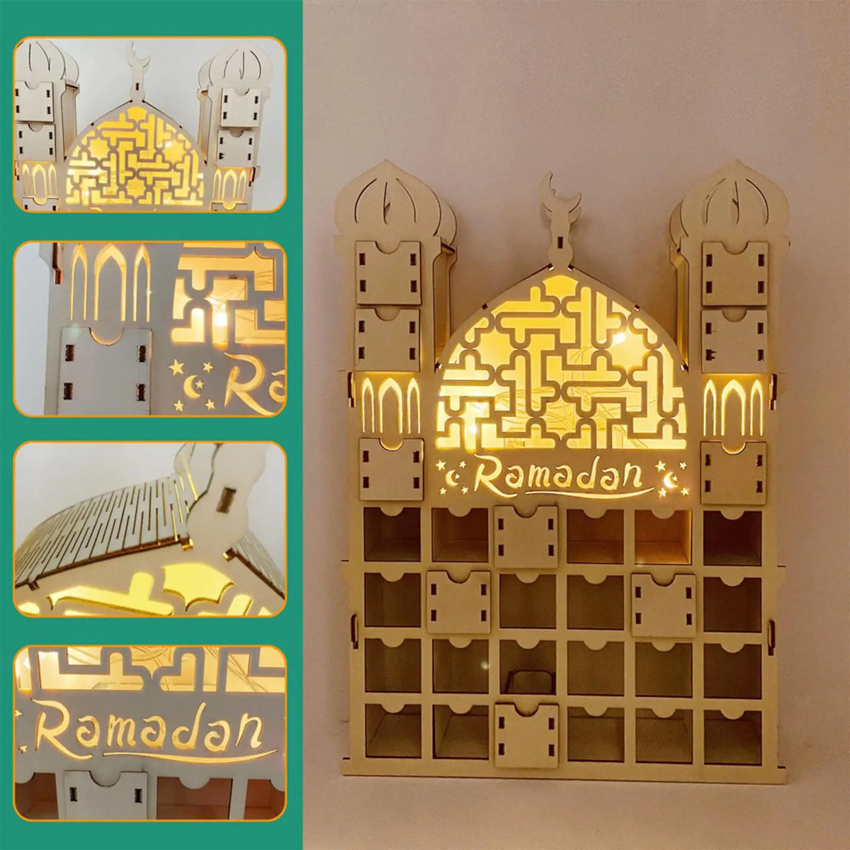 Wooden Ramadan Advent Calendar 30 Drawers LED Light Eid Gift