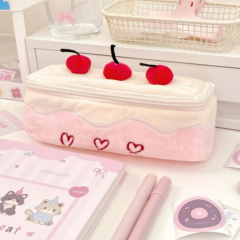 Cherry Cake Plush Pencil Case – Large Capacity Stationery Bag