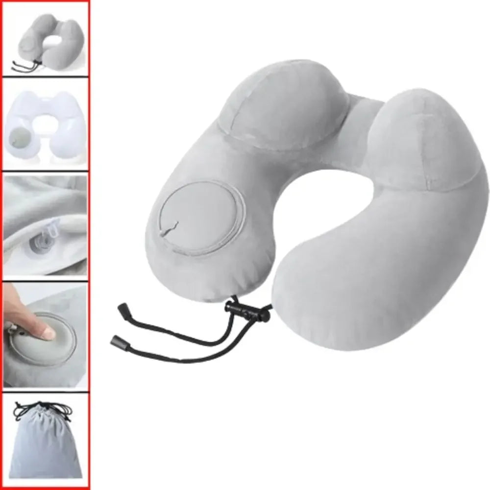 Inflatable U-Shape Travel Neck Pillow with Plush Cover & Bag