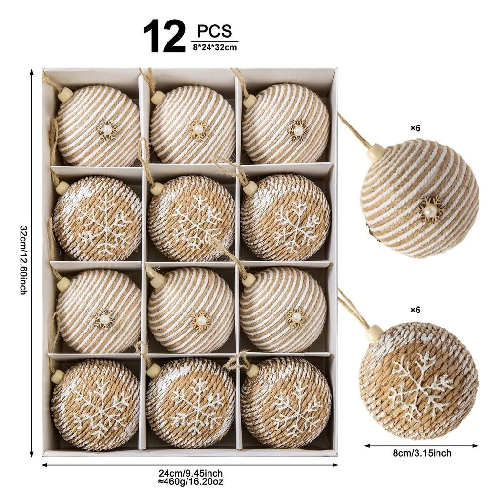 Rustic Christmas Ball Ornaments 12-Piece Jute Foam Set
