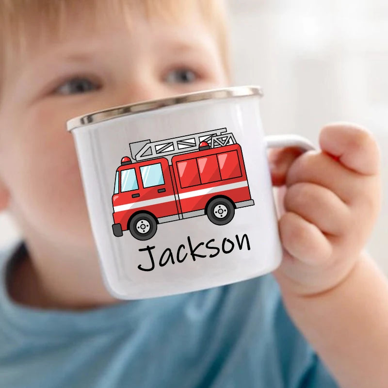 Personalized Kids Enamel Mug – Custom Car Name Birthday Gift