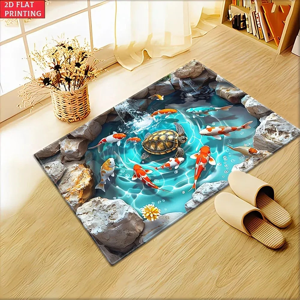 Pond Turtles & Koi Doormat – Washable Polyester Rug | 2 Sizes