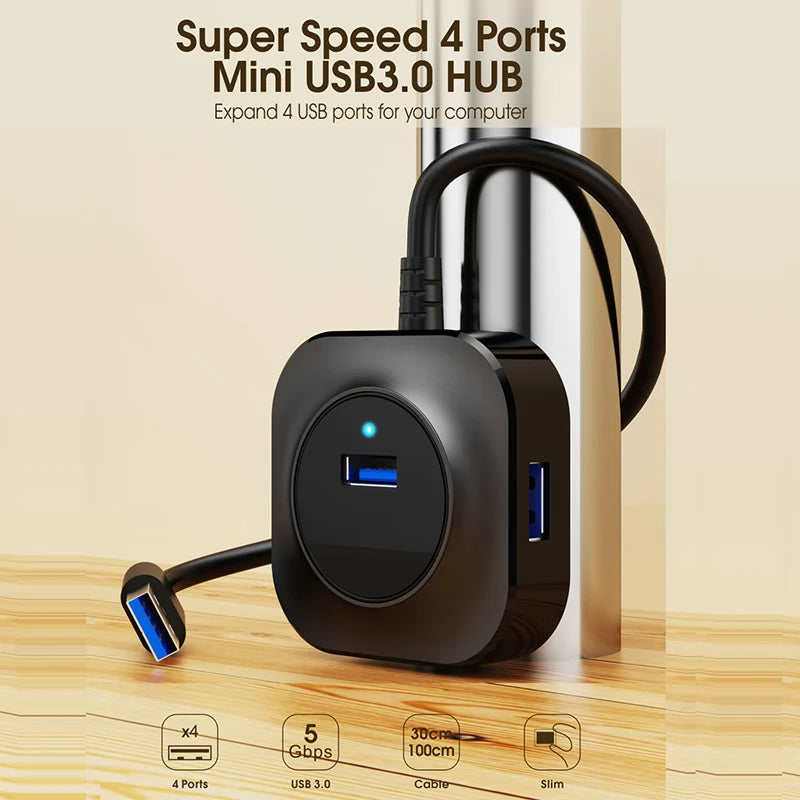 OULLX USB 3.0 4-Port Hub Splitter for Laptop, PC & Tablet