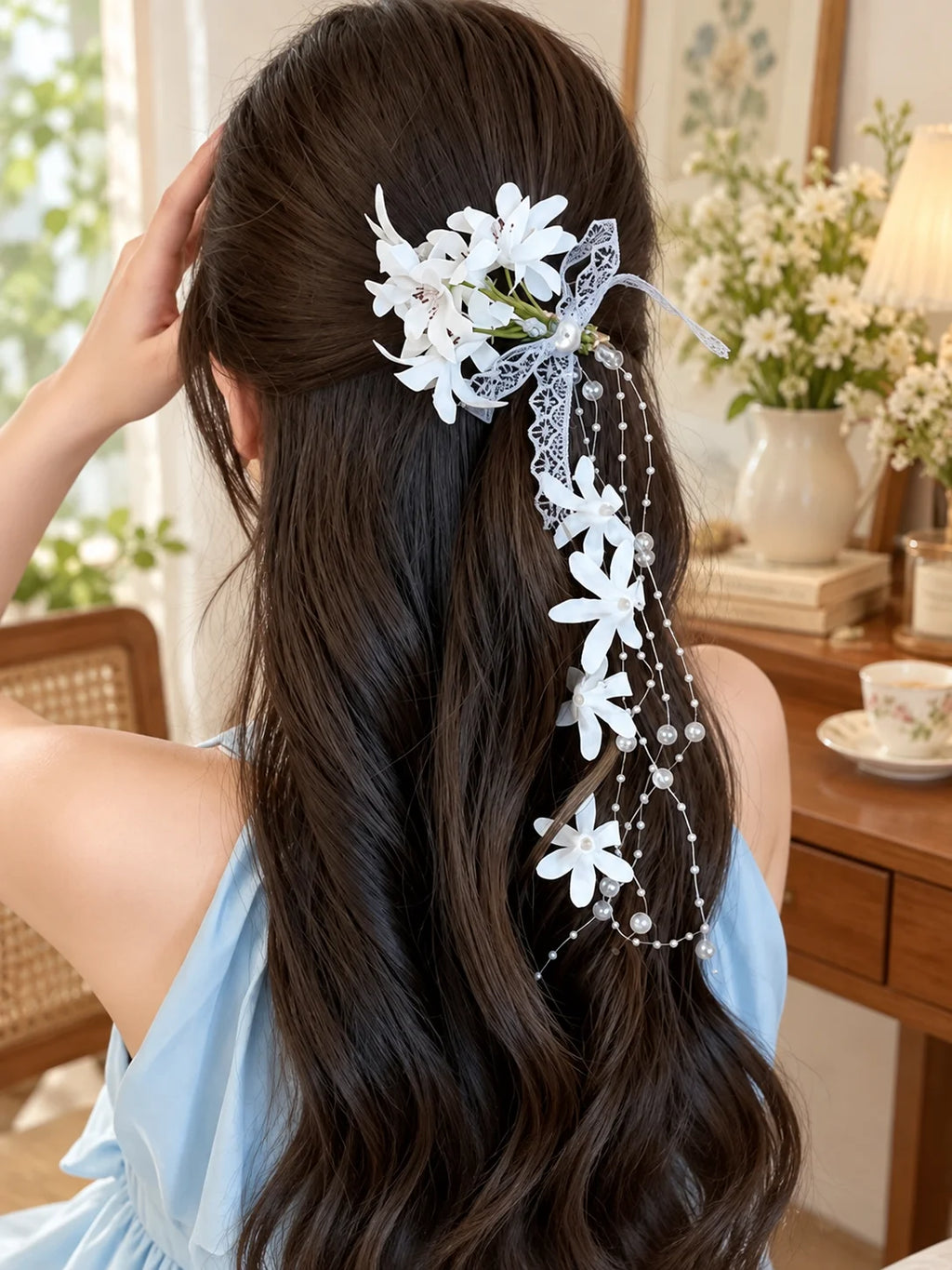 Lace Bow Flower Tassel Hair Clip – Floral Duckbill Hairpin