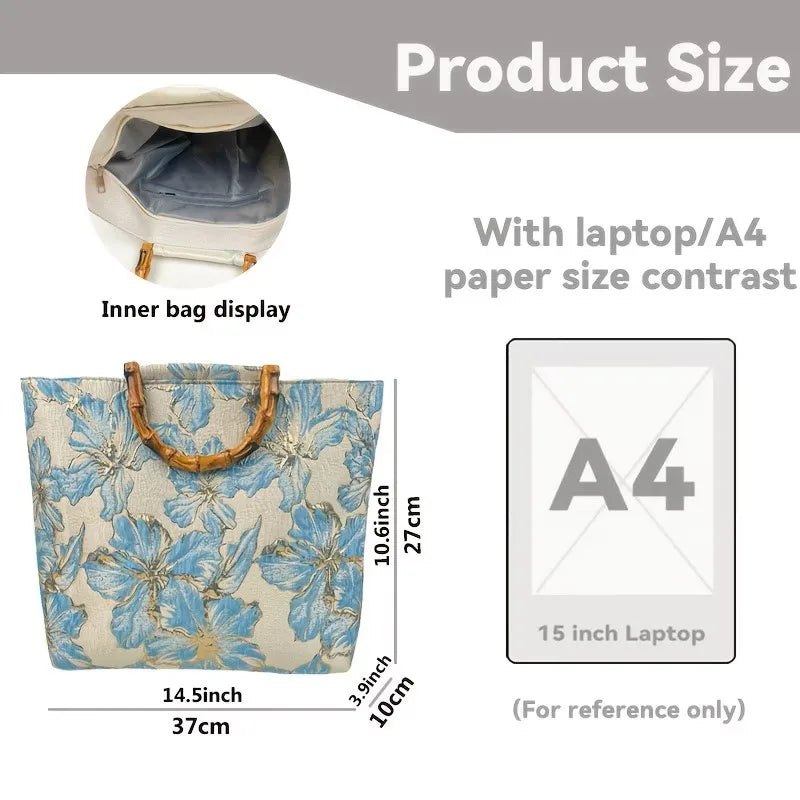 Women's Floral Tote Bag – Bamboo Handle Beach Shoulder Bag