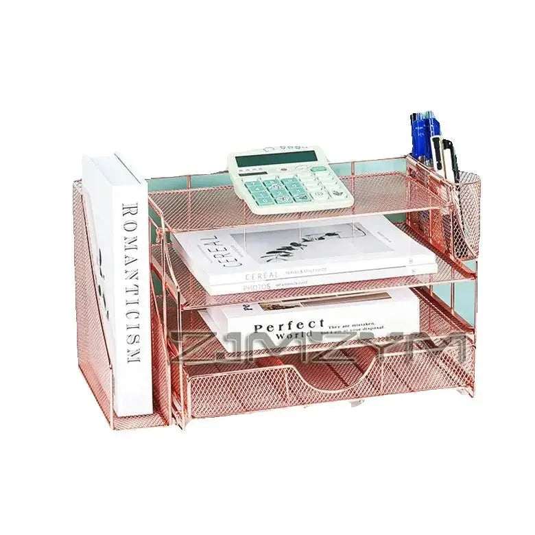 Iron Desktop File Storage Rack – Rose Gold Grid Organizer