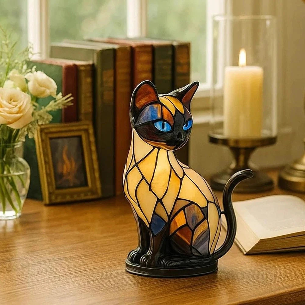 Stained Glass Cat LED Night Light | Resin Tabletop Lamp