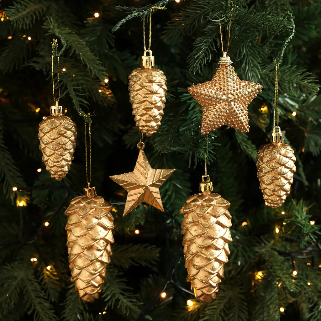 Retro Gold Glitter Christmas Pine Cone & Star Ornaments