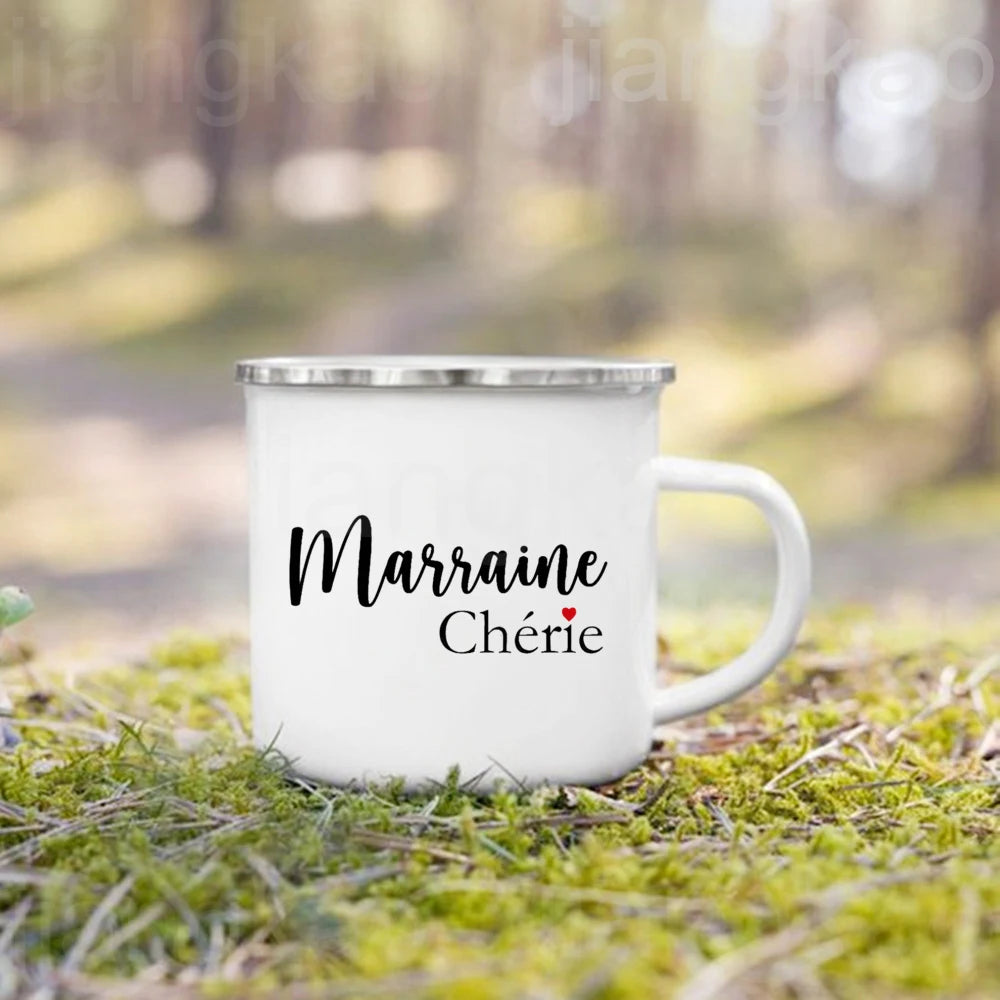 French Print Enamel Camping Mug – Family & Godparent Gift