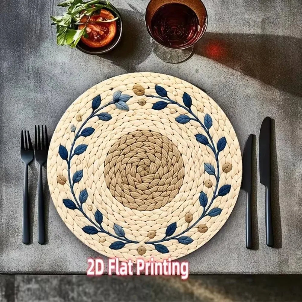 Round Flower Print Wipeable Placemat – 15in Rattan Style
