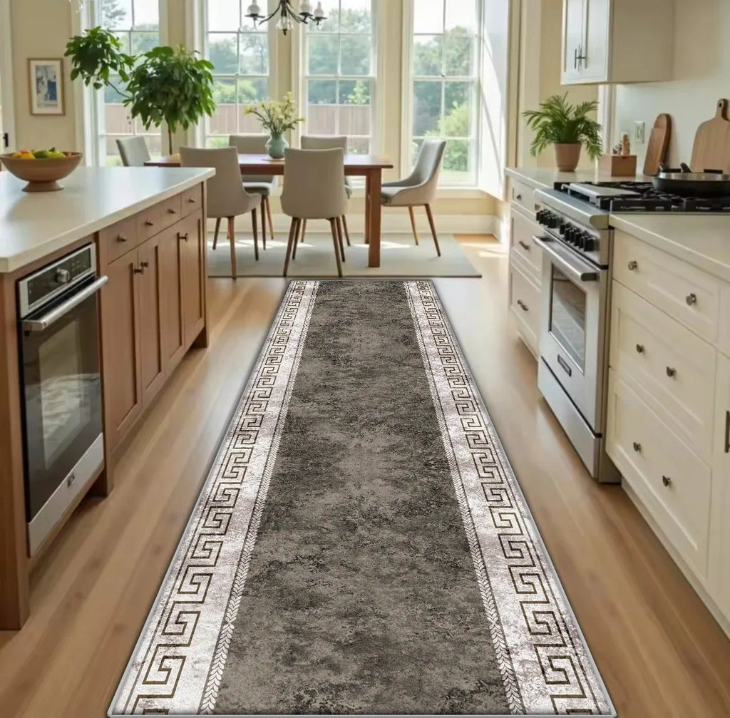 Greek Key Marble Runner Rug – Grey Geometric Non-Slip Mat