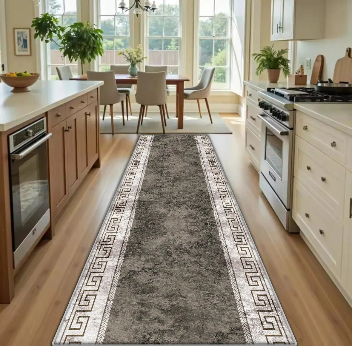 Greek Key Marble Runner Rug – Grey Geometric Non-Slip Mat