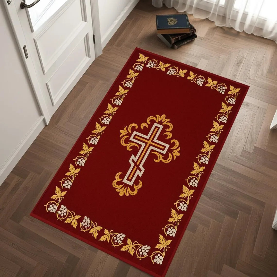 Luxury Red Gold Cross Prayer Rug – Religious Worship Carpet