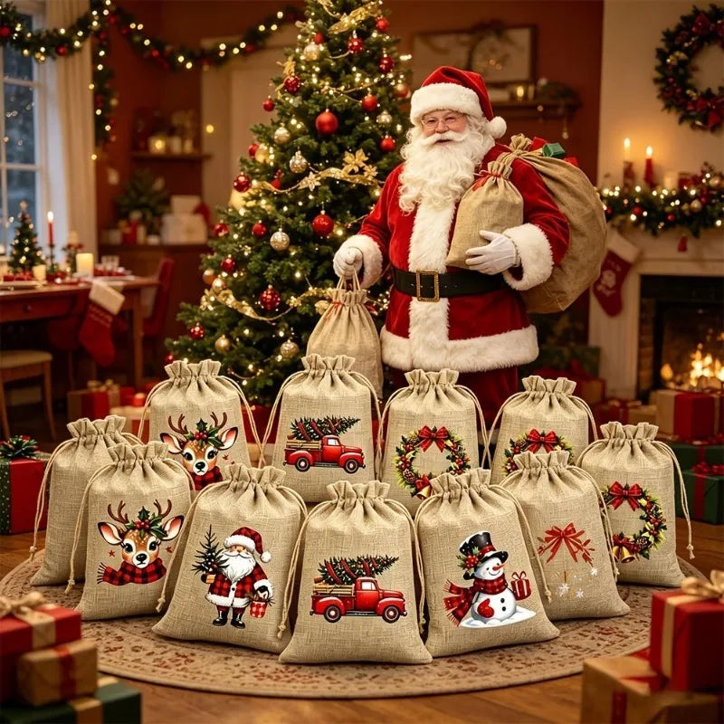 Christmas Burlap Drawstring Gift Bags – 5/12 Pack, 5 Designs
